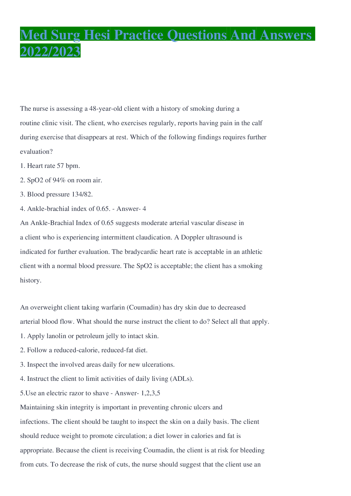 Recommended document preview for Med Surg Hesi Practice Questions And Answers 2022/2023